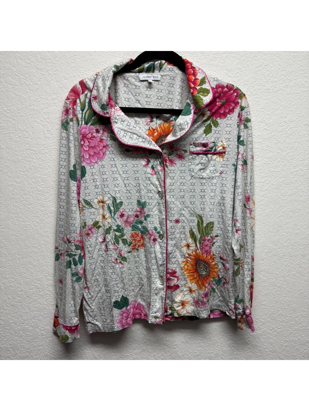 Johnny Was Floral Print Button Down Top Pajama Style Blouse Size M